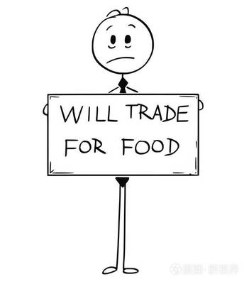 卡通的悲傷饑餓的失業(yè)商人控股將貿(mào)易的食品標志